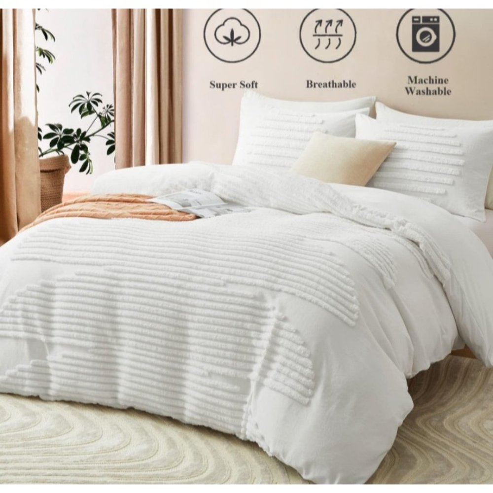 Duvet Cover King Size, 3 Pieces Boho Bedding Sets for Shabby Chic Home, Tufted a